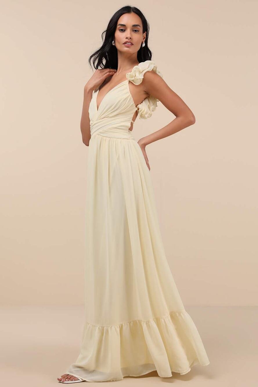 NWT Lulus Soiree Celebration Light Yellow Ruffled Lace-Up Maxi Dress Tiered S